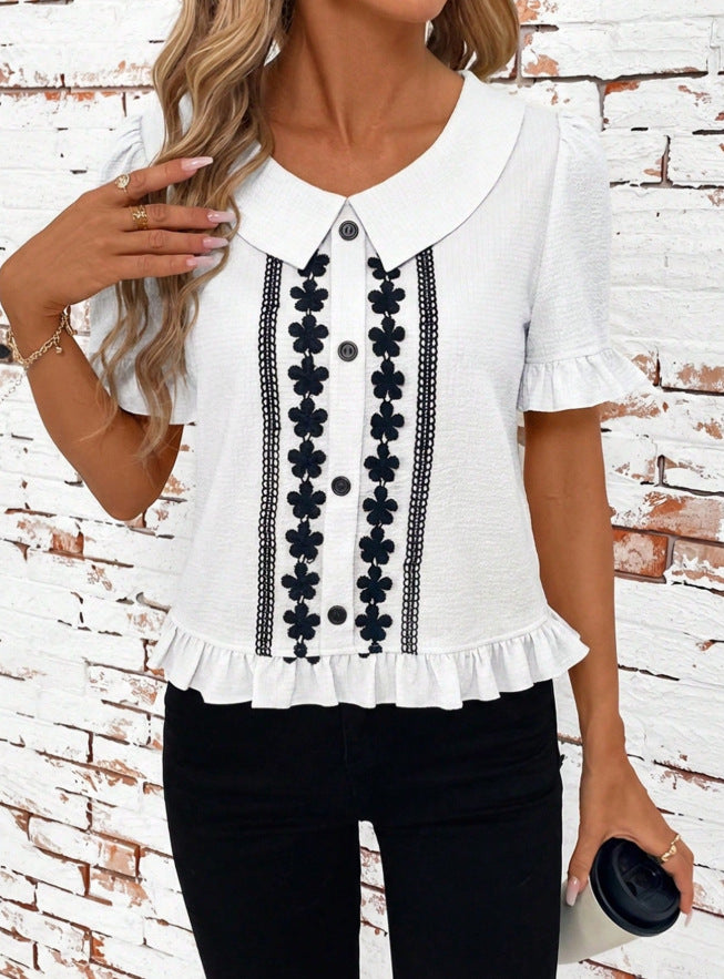 Women's Front-Button Petal-Sleeve Short-Sleeve Summer Fashion