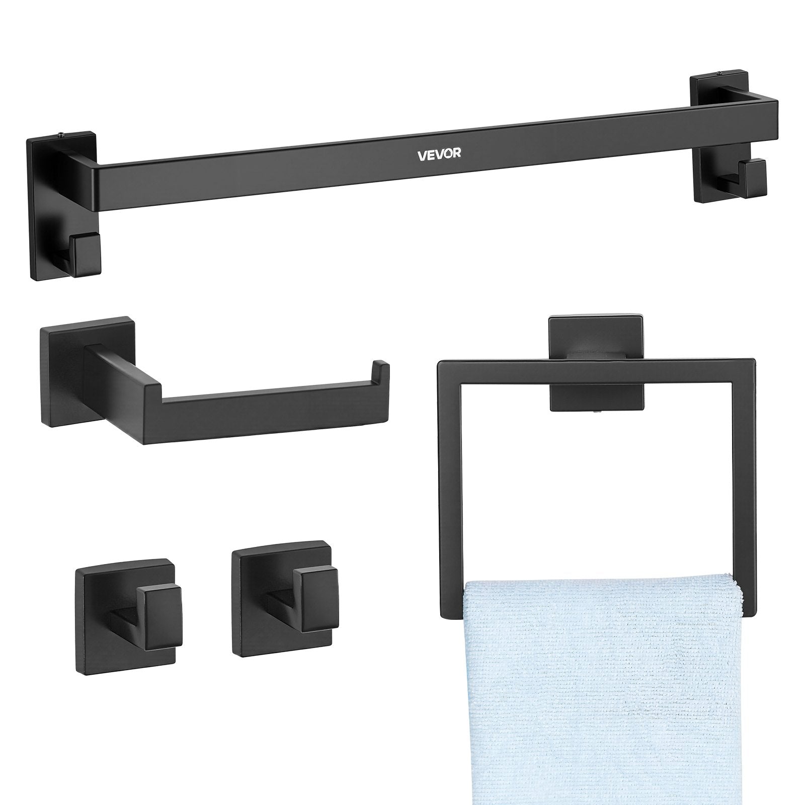 Badezimmer Hardware Zubehör Set Aus Edelstahl (5-tlg.) Inkl. Handtuchstange & Handtuchhalter (quadratischer Ring) & 2 Haken & Toilettenpapierhalter, Für Badezimmer, Wandmontage Schwarz