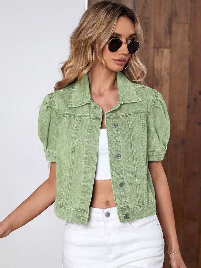 Womens Retro Denim Puff-Sleeve Jacket
