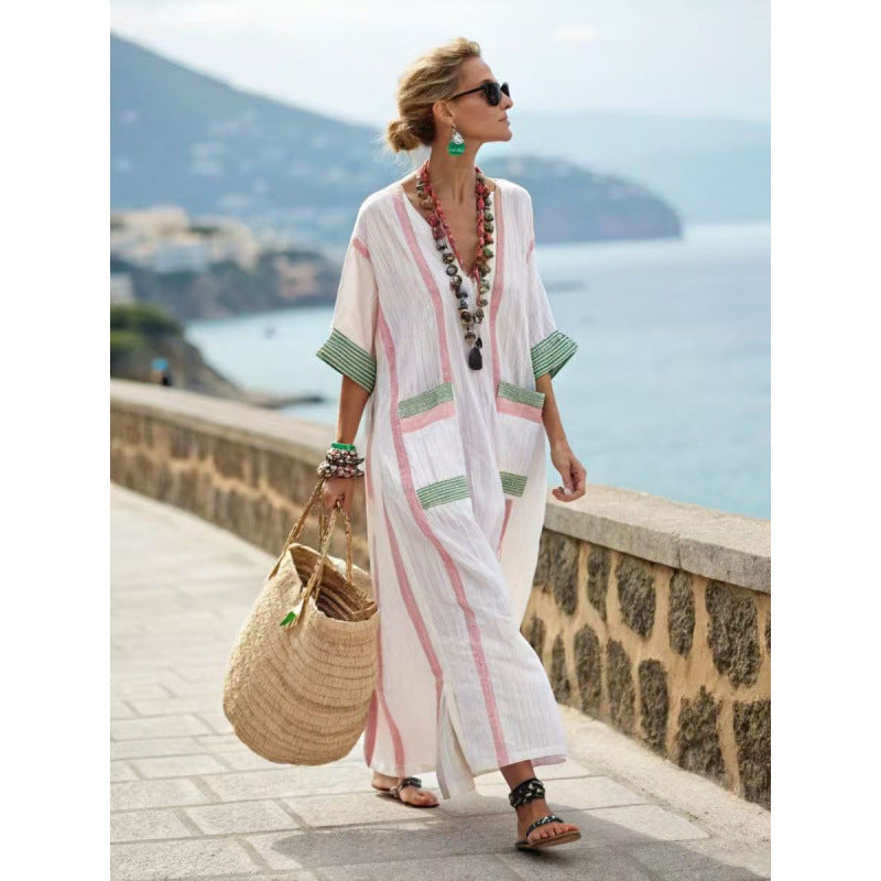 Beach Vacation Long Striped Embroidered Dress