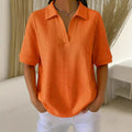 V Neck Waffle Knit Solid Color Loose Fitting Pullover Top