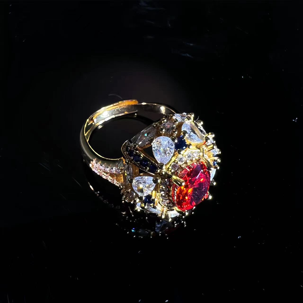 Heavy Craft Retro Italian Carved Gold Open Ring, Real Gold Plated Brass Elegant Versatile  Gem Ring