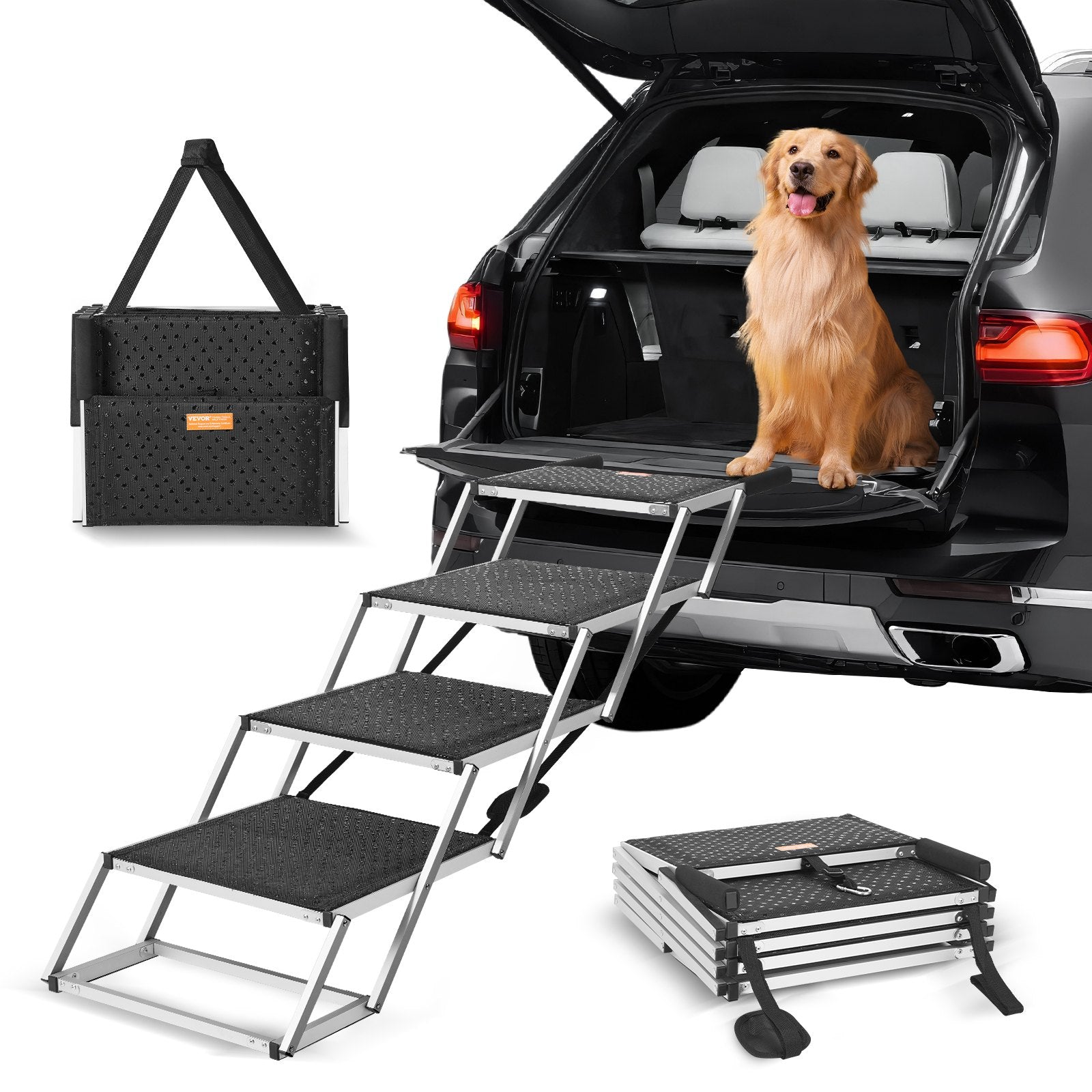 Dog Stairs for Cars, Wide 4-Step Foldable Dog Car Stairs with Non-Slip Surface, Portable Lightweight Aluminum Pet Stairs for Car
