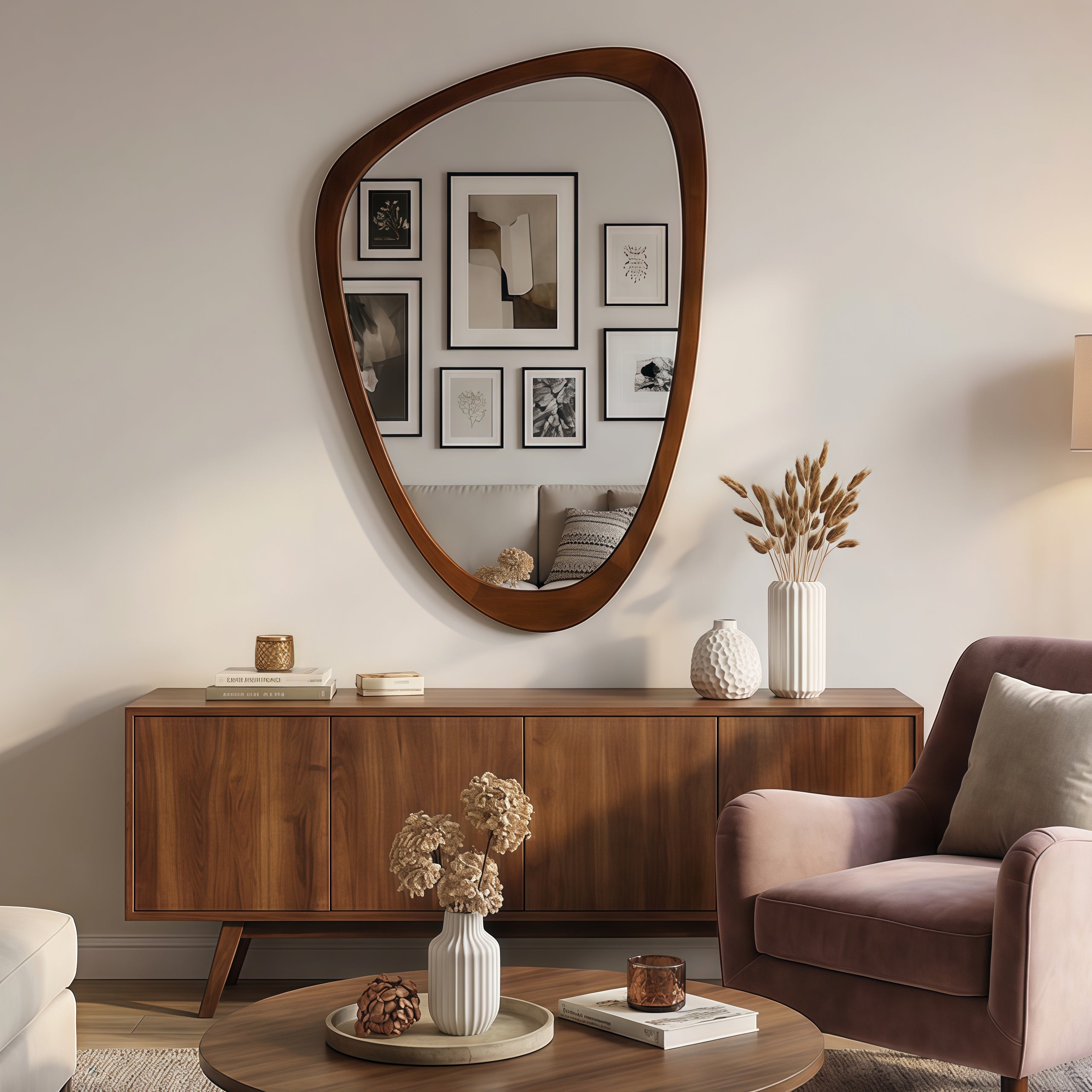 Black Walnut Wood Color 24 X36  Irregular Solid Wood Frame Decorative Mirror,For Bedroom, Bathroom, Living Room, Entryway