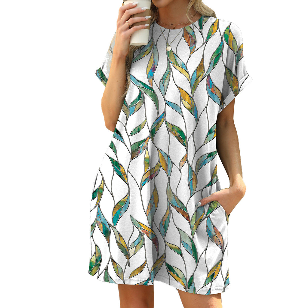 Loose Round-Neck Short-Sleeve Printed Pocket Dress