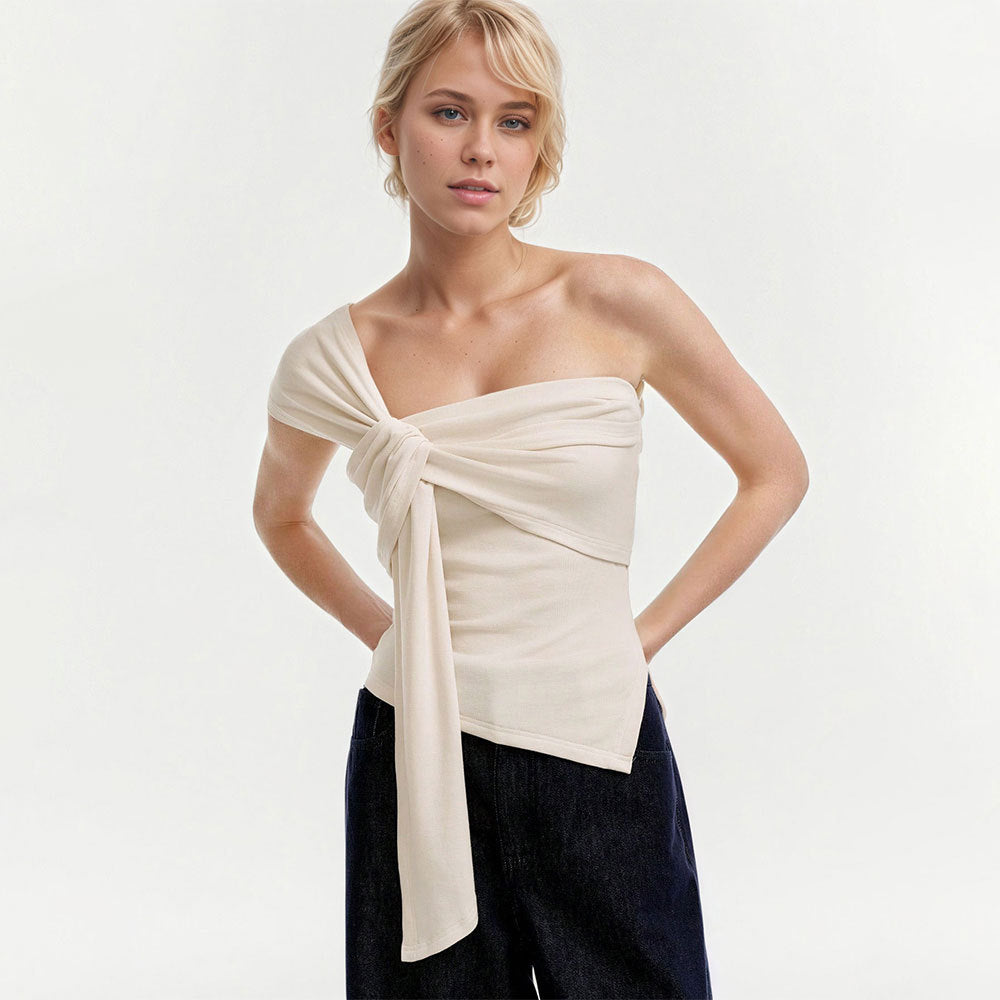 Womens Solid-Color Casual T-Shirt With Off-the-Shoulder Sleeveless Top