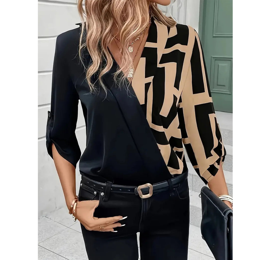 New European And American-style Casual Black V-neck Patchwork Fashion Shirt