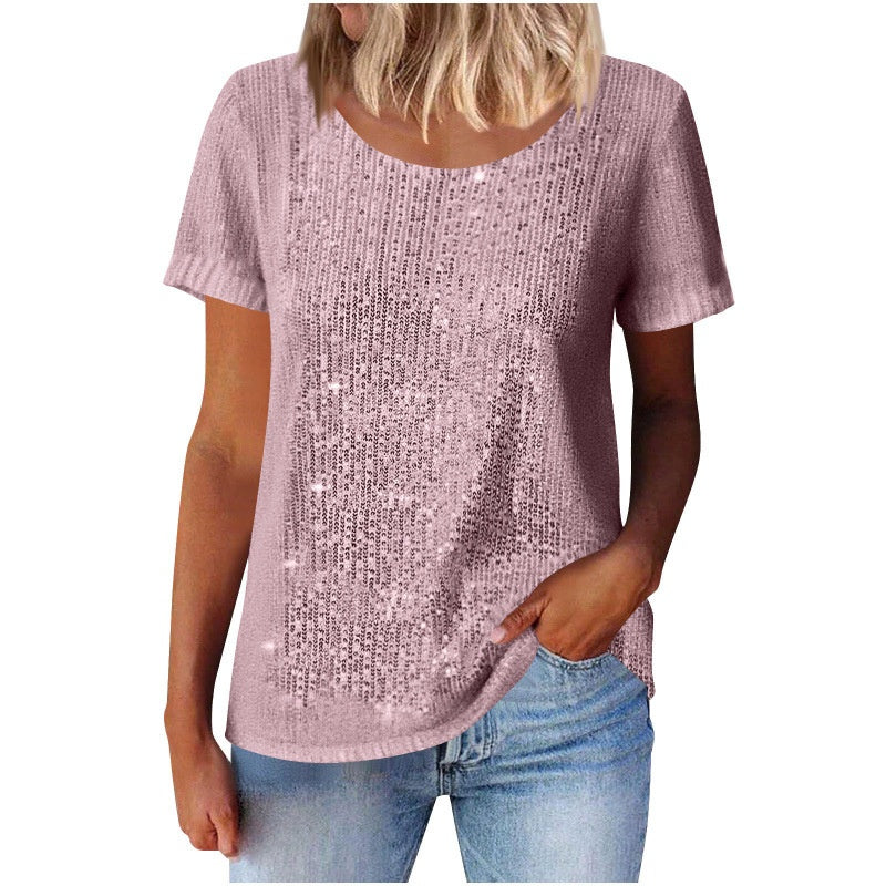Women's Commuter Sequin Loose Crew Neck Short-Sleeve Top