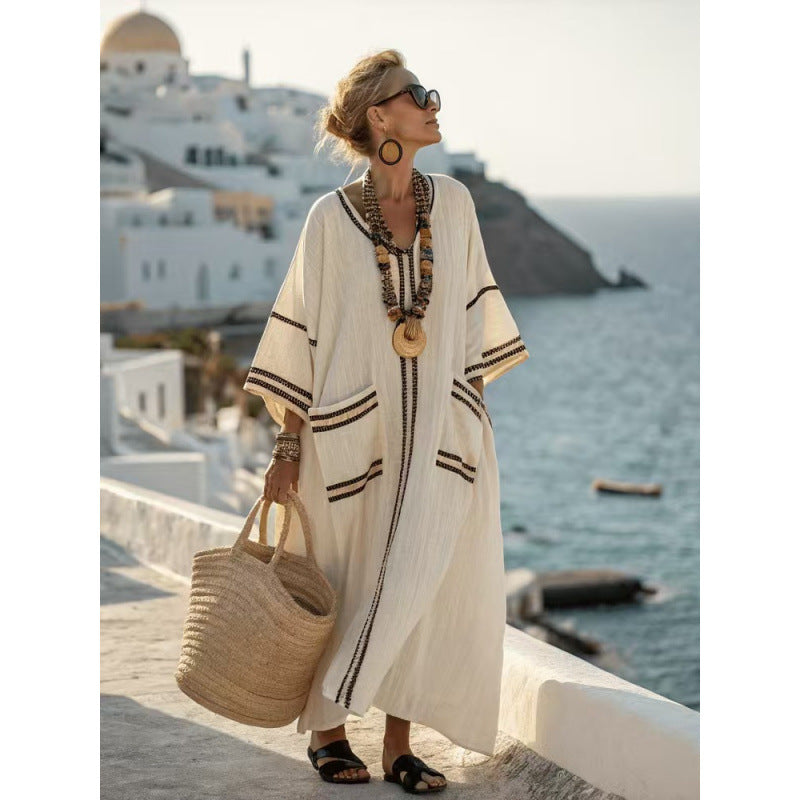 Beach Vacation Long Striped Embroidered Dress