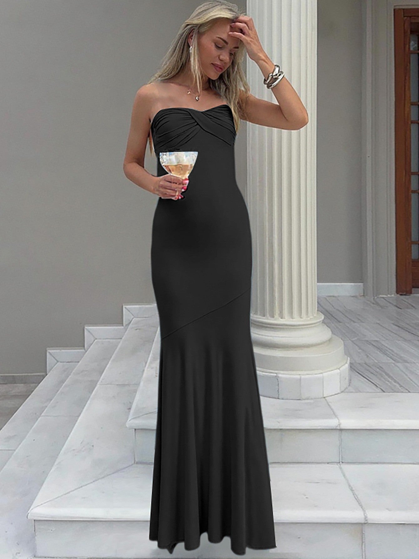 Bodycon Sheath Pleated Tube Maxi Dress