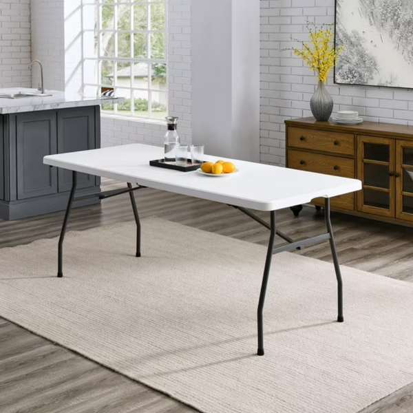 White 6 Foot Fold-in-Half Plastic Table, Indoor Outdoor, Scratch Resistant, Stain & UV Damage, Built-in Carry Handle  Shipment From Walmart