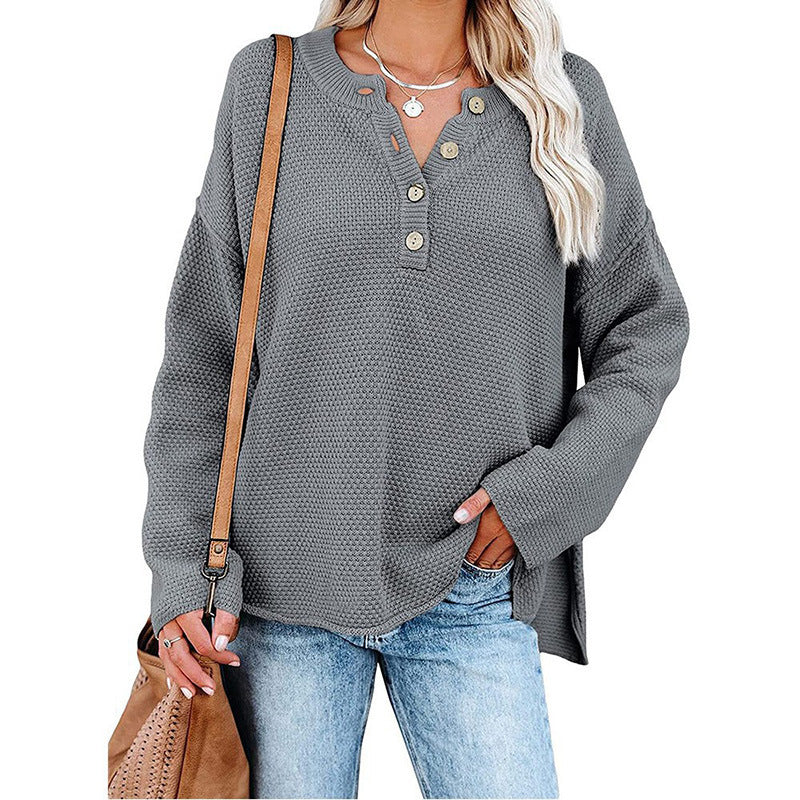 Solid Color Pullover V-Neck Knitted Sweater Womens