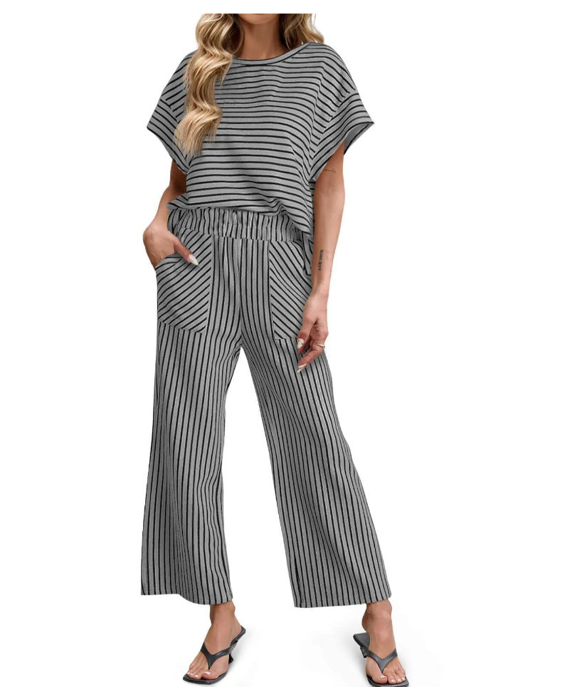 Womens Striped Short-Sleeve T-Shirt And Wide-Leg Pants Set With Pockets