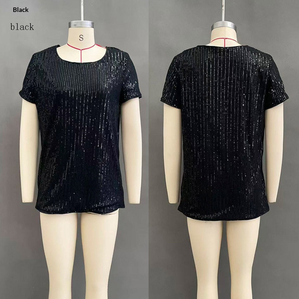 Women's Commuter Sequin Loose Crew Neck Short-Sleeve Top