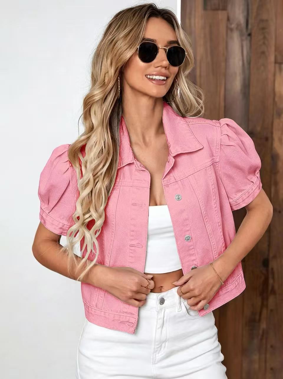 Womens Retro Denim Puff-Sleeve Jacket