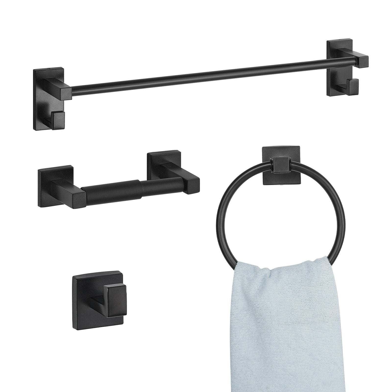 Badezimmer Hardware Zubehör Set Aus SUS201 Edelstahl (4-tlg.) Inkl. Handtuchstange & Handtuchhalter (runder Ring) &  Haken & Toilettenpapierhalter, Für Badezimmer, Wandmontage Schwarz