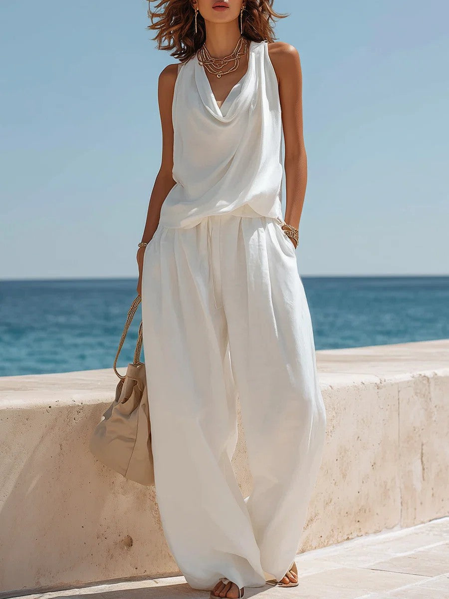 Womens Sleeveless Boat-Neck Top And Wide-Leg Pants Set