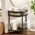 Half-Moon Rattan Console Table with 2 Drawers, Rattan Entryway Table with Natural Rattan Sliding Door, Console Table with Storage for Living Room Study