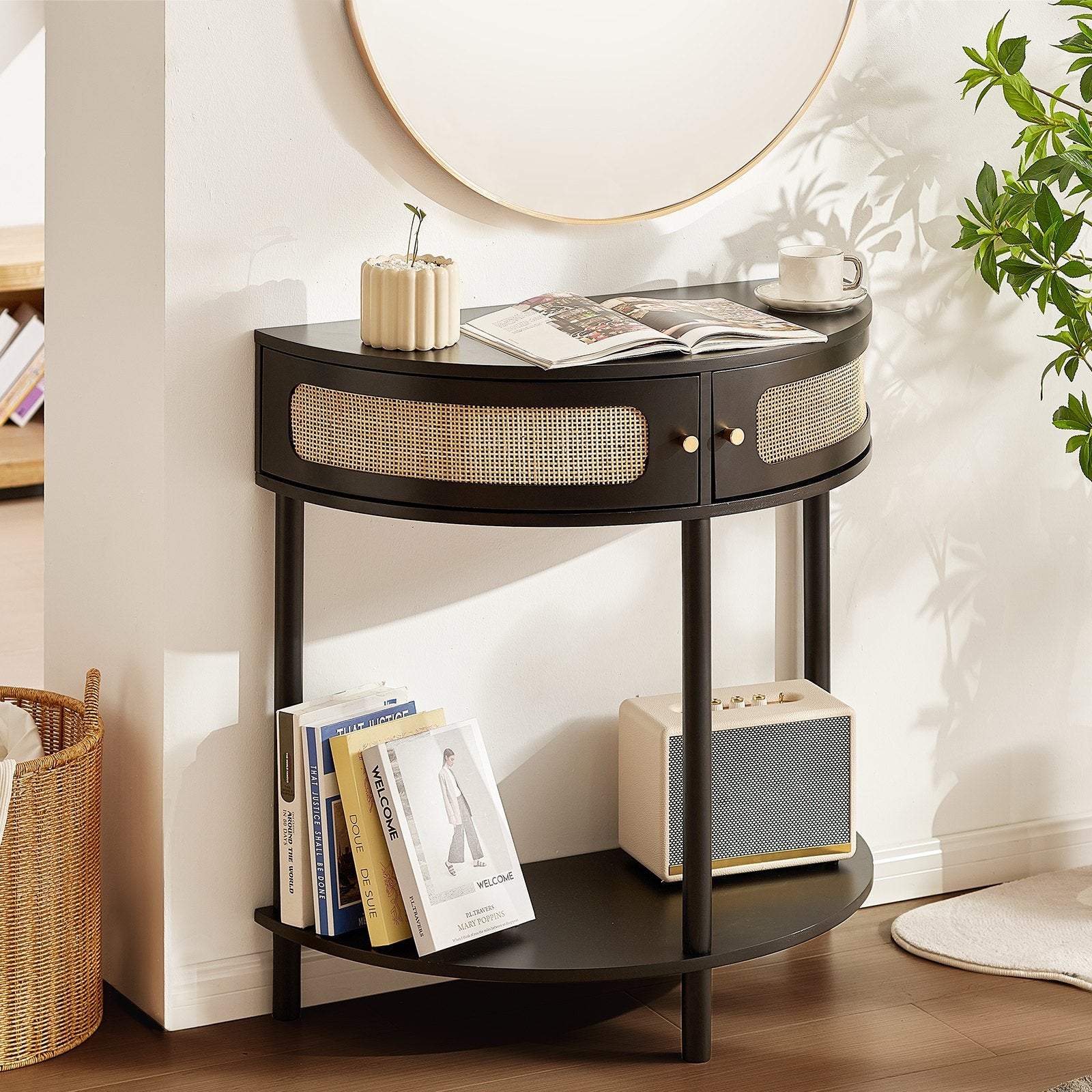 Half-Moon Rattan Console Table with 2 Drawers, Rattan Entryway Table with Natural Rattan Sliding Door, Console Table with Storage for Living Room Study