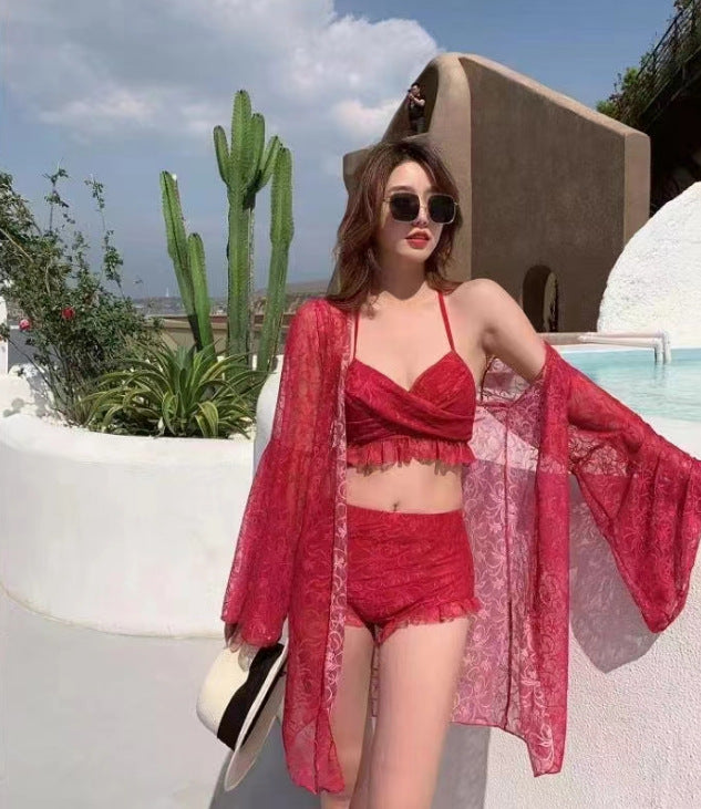 Womens Solid Color Casual Lace Three-piece Swimsuit
