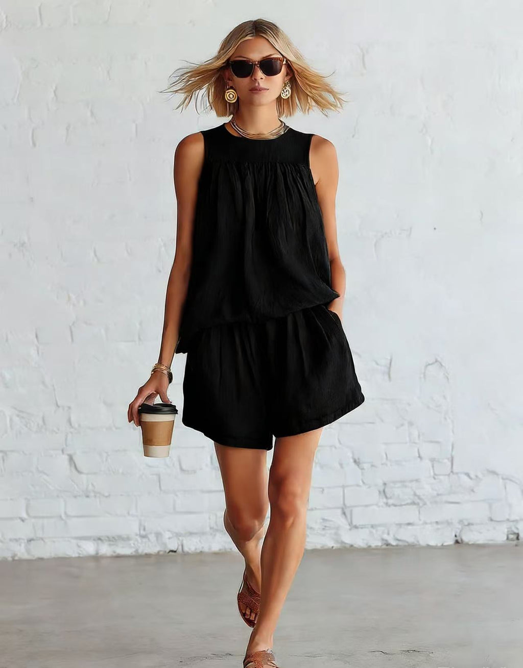 Womens Fashionable Retro Cotton-Linen Sleeveless Top And Wide-Leg Shorts Set