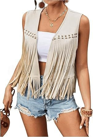 Womens Tassel Sleeveless Vest With Suede Tassels