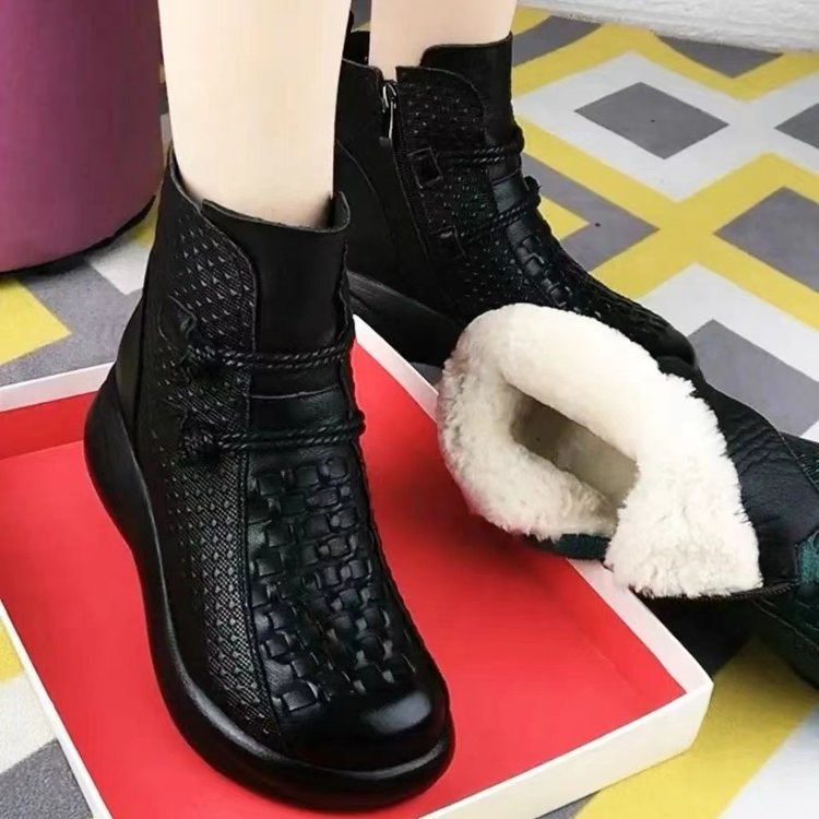 Womens Soft Leather Round-toe Soft-soled Fleece-lined Warm Boots