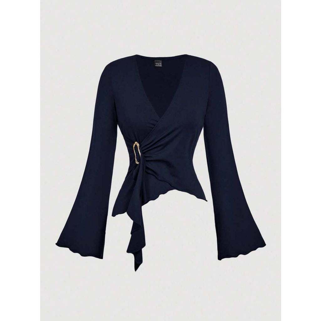 Womens Autumn New Solid-Color V-Neck Asymmetrical Long-Sleeve T-Shirt