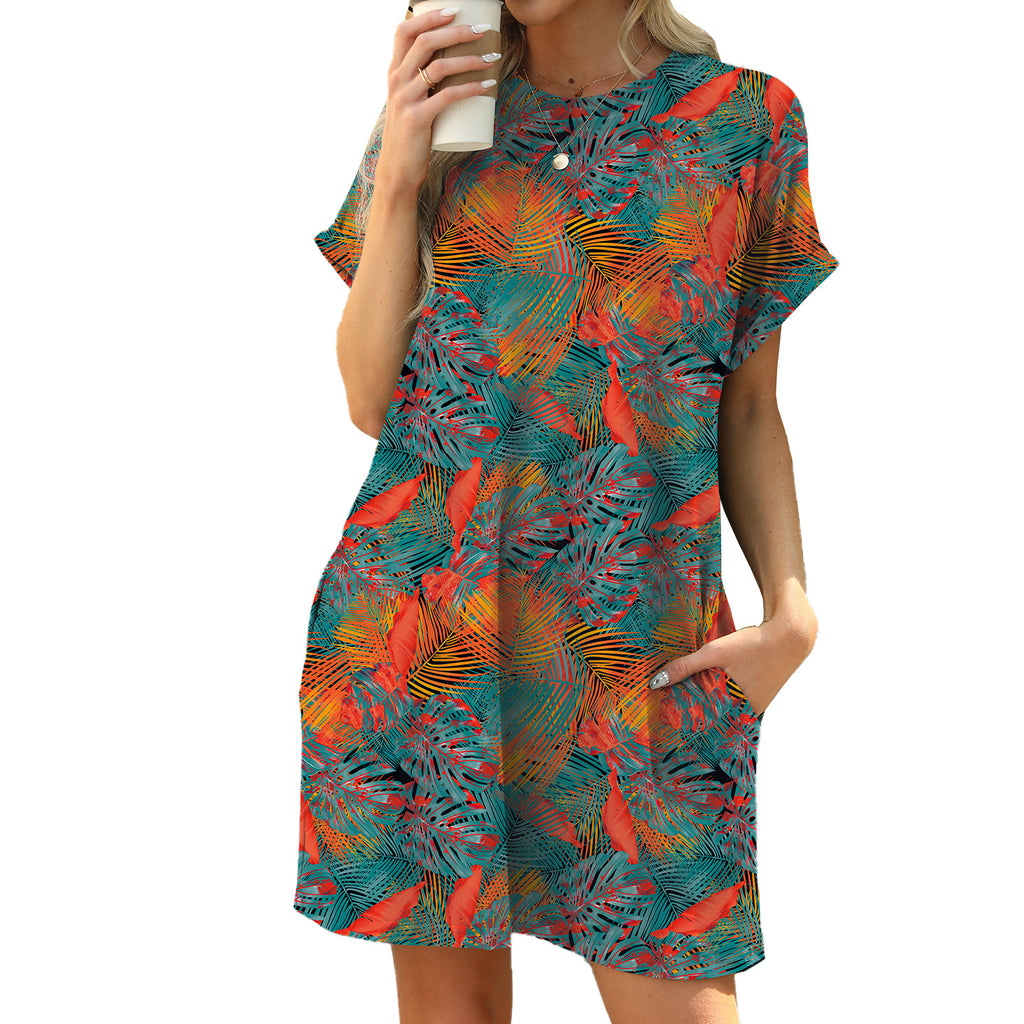Loose Round-Neck Short-Sleeve Printed Pocket Dress