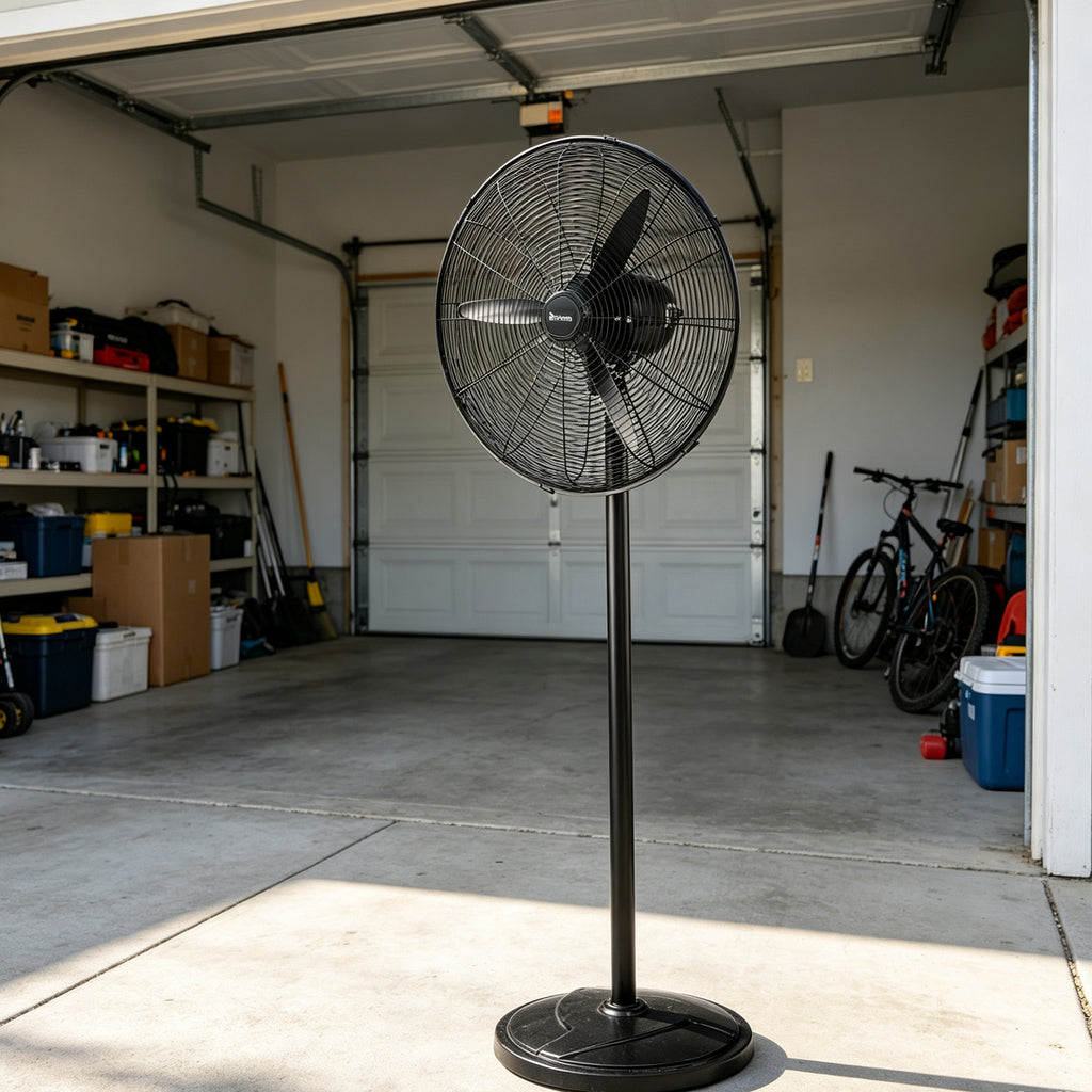 20 Inch Oscillating Pedestal Floor Fan, 5000 CFM High Velocity Standing Fan With BLDC Copper Motor, 4 Speeds Adjustable Height & Tilt Aluminum Blades Metal Industrial Fan For Garage Workshop Comm