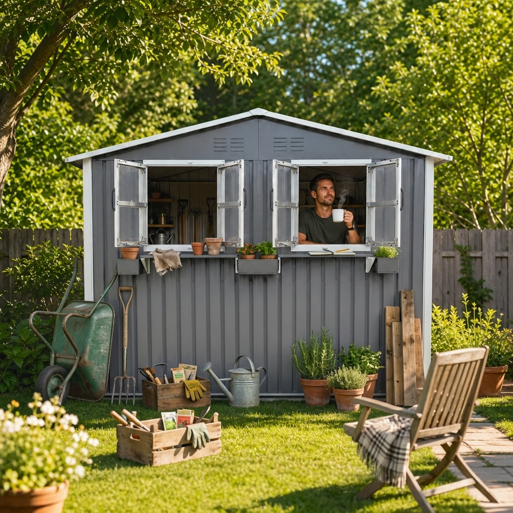 9x6 FT Outdoor Metal Storage Shed With Window & Flower Rack, Lockable Double Doors Tool Shed, Waterproof Weatherproof Garden Shed For Patio, Gray