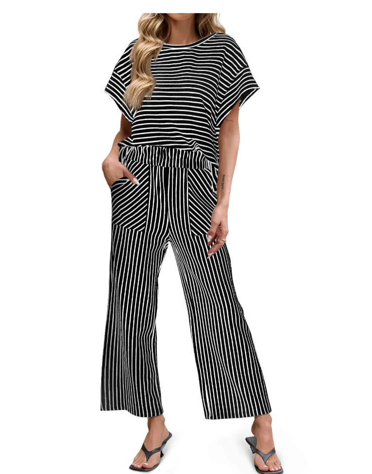 Womens Striped Short-Sleeve T-Shirt And Wide-Leg Pants Set With Pockets