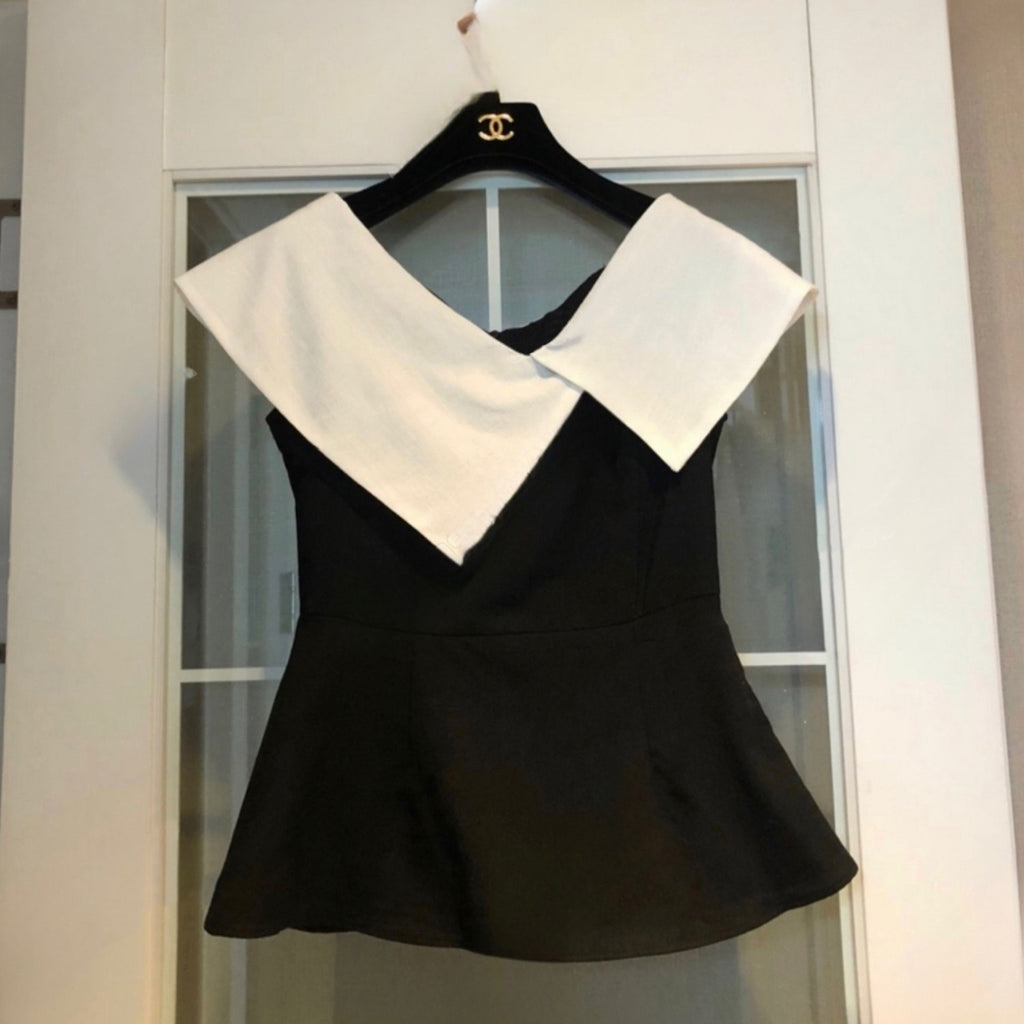 Women's Color-blocked Lapel Waist-cinching Shirt