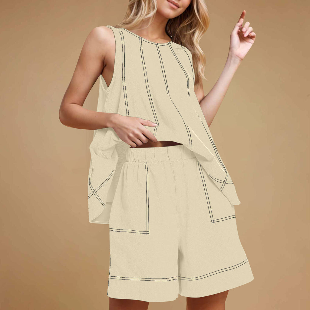 Casual Loose Pocketed Sleeveless Tank Top And Shorts Cotton-Linen Two-Piece Set