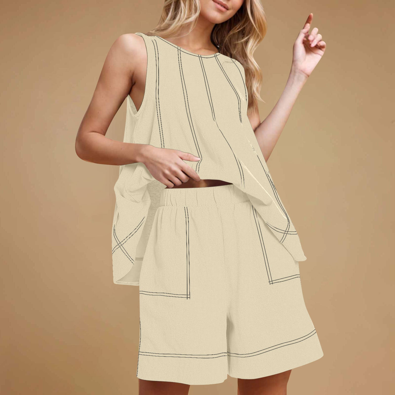 Casual Loose Pocketed Sleeveless Tank Top And Shorts Cotton-Linen Two-Piece Set
