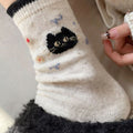 Cozy Black Cat Knit Crew Socks, Cute Cartoon Cat Face Pattern Socks, Women's Neutral Tone Casual Socks For Fall & Winter