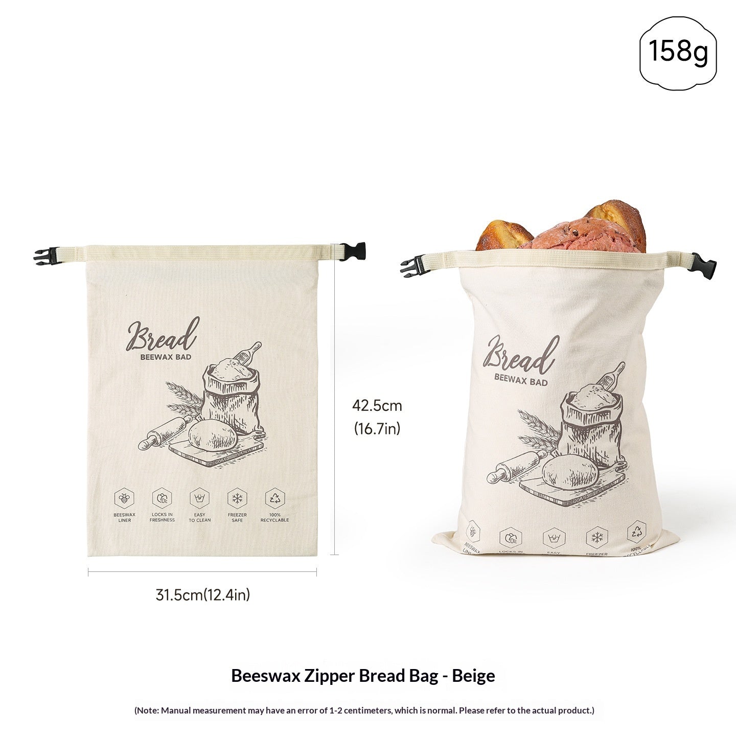 Reusable Food-grade Zippered Beeswax Bread Bag