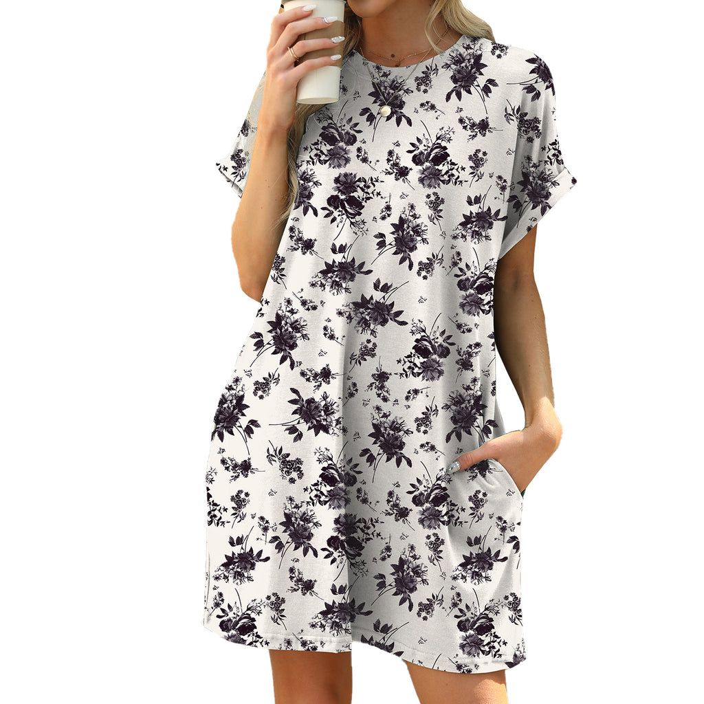 Loose Round-Neck Short-Sleeve Printed Pocket Dress