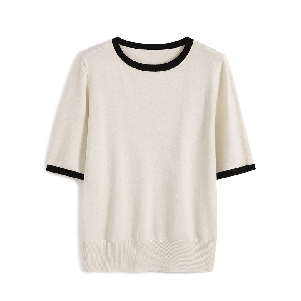 Color-blocked Three-quarter-sleeve Versatile Chic Base Top