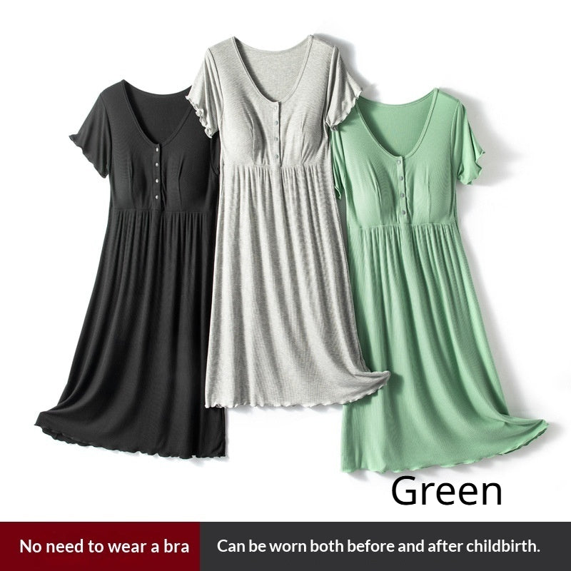 Modal Ribbed Thin Round-neck Short-sleeved Maternity Nursing Dress
