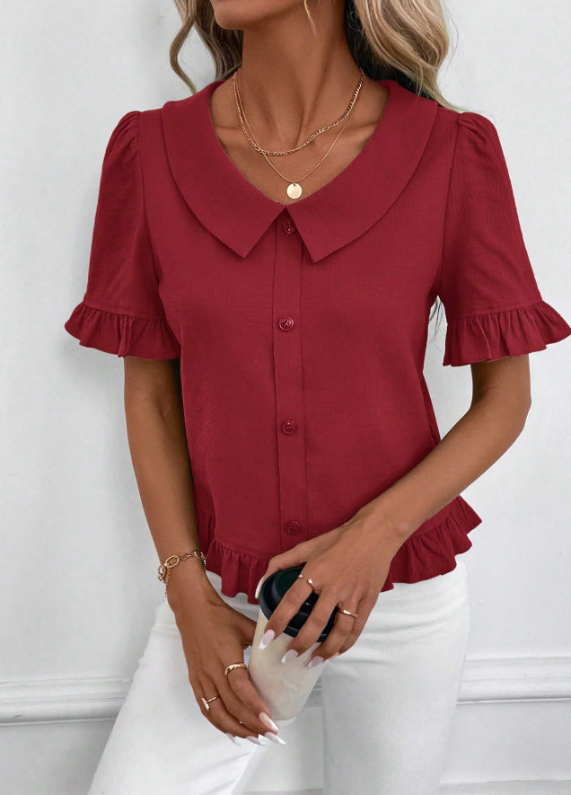 Women's Front-Button Petal-Sleeve Short-Sleeve Summer Fashion