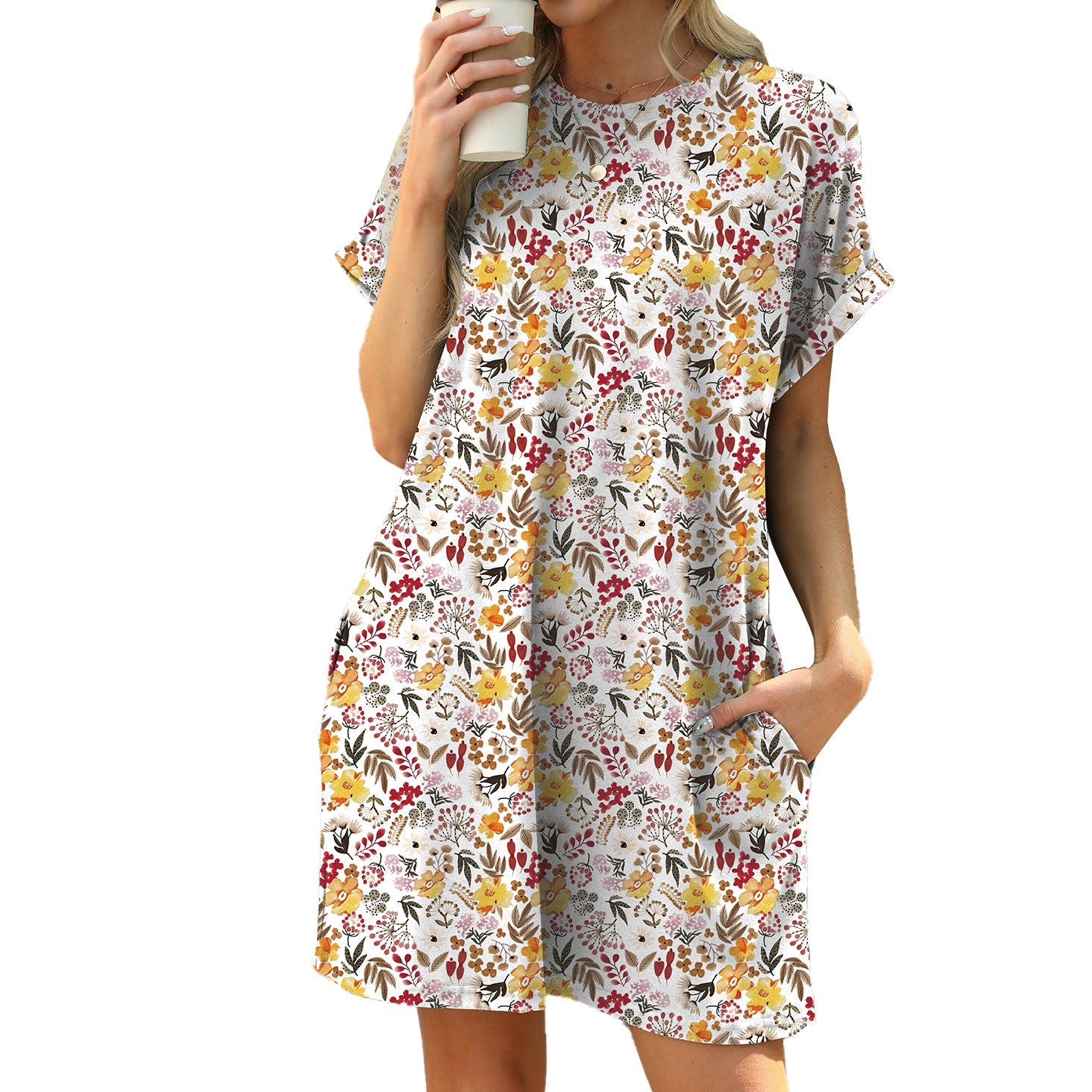 Loose Round-Neck Short-Sleeve Printed Pocket Dress