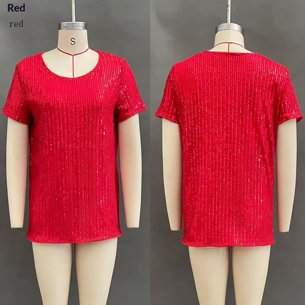 Women's Commuter Sequin Loose Crew Neck Short-Sleeve Top