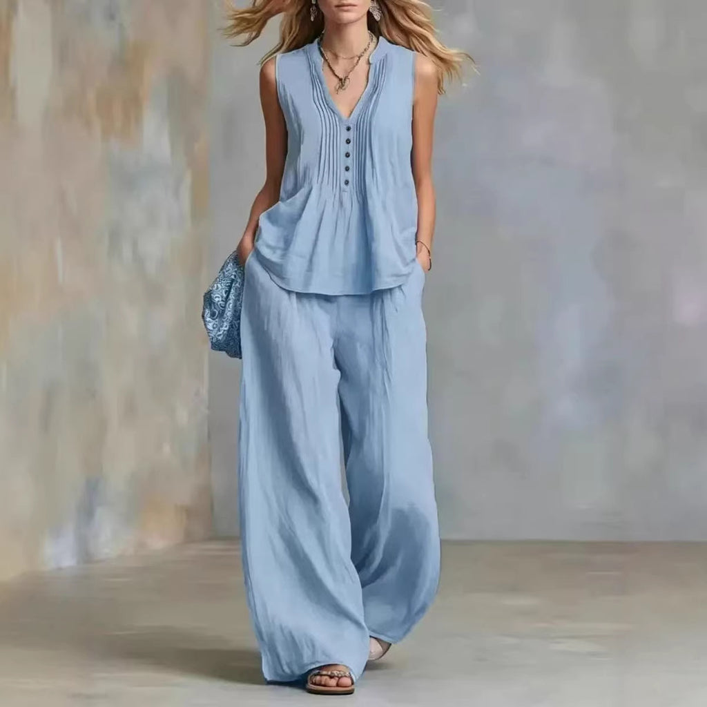 Fashionable Casual Solid-color V-neck Pleated Loose-fit Sleeveless Two-piece Set With Long Pants