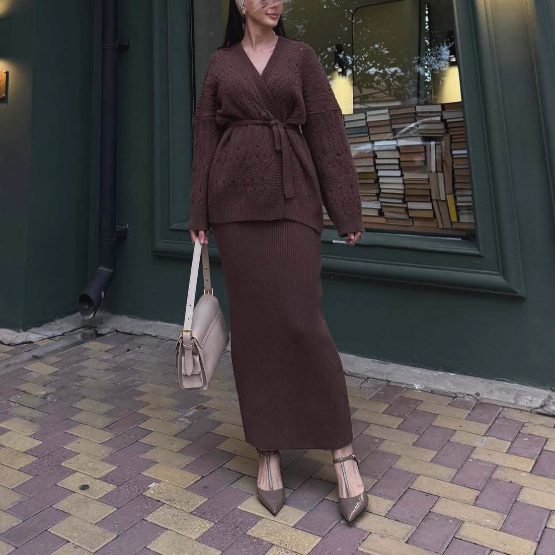 V-neck Cardigan With Tie Details, A Loose-fitting, Versatile Knit Sweater Dress Set