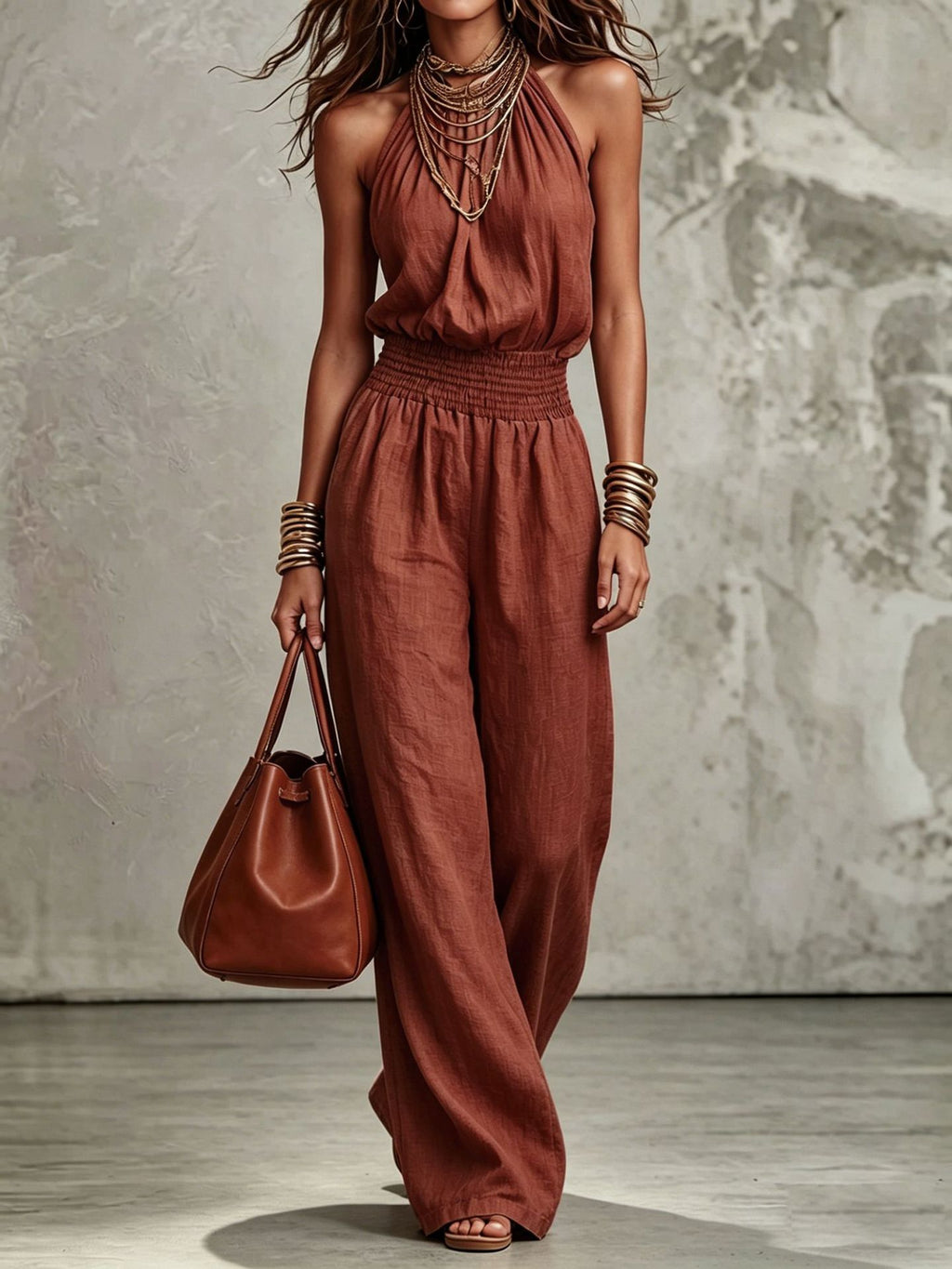 Womens Sleeveless Backless Cinched Waist Lace-up Halter Wide-leg Jumpsuit