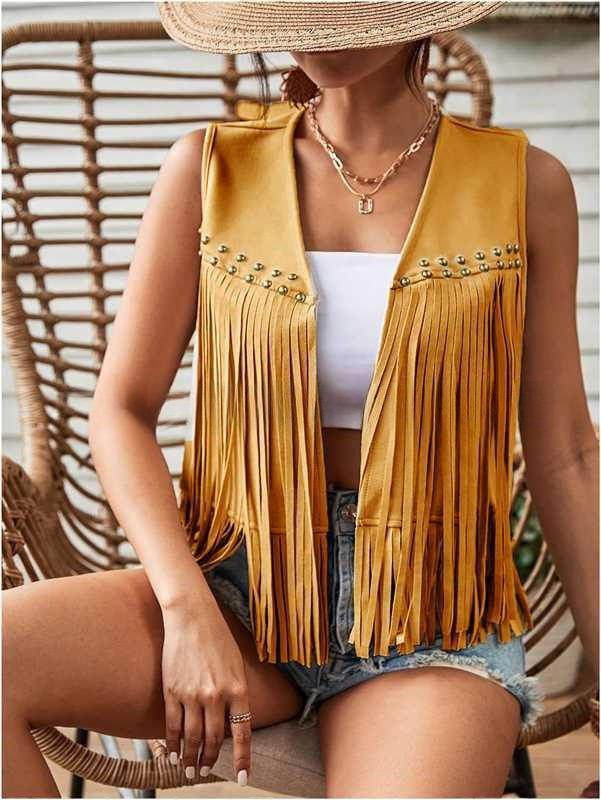 Womens Tassel Sleeveless Vest With Suede Tassels