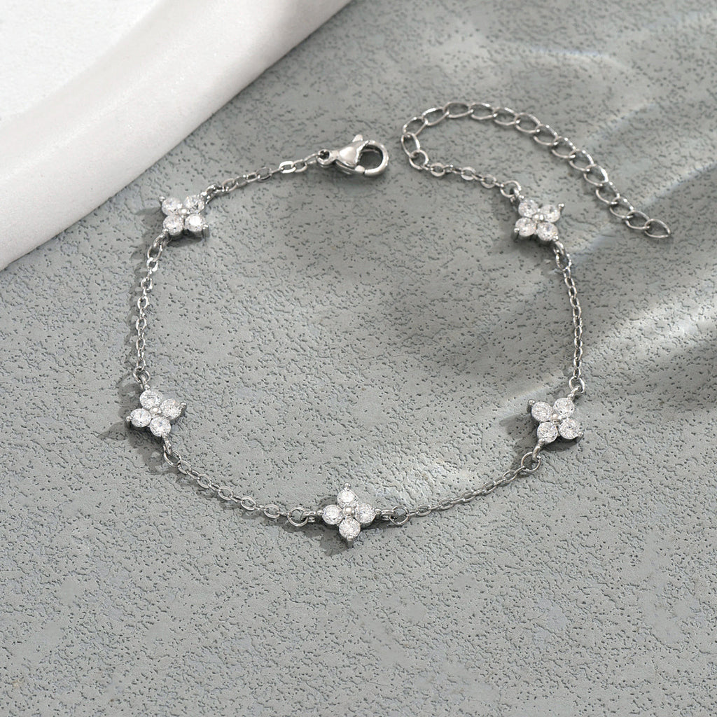 Hot Selling Cross-border European American Women Bracelet, Geometric Four-Leaf Clover Bangle Inlaid Cubic Zirconia, Premium Texture Versatile Wrist Jewelry For Ladies