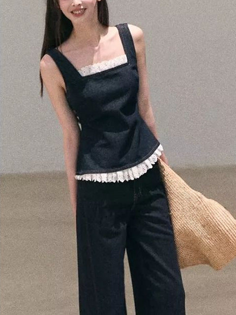 Denim Suspender Vest And Wide-leg Pants Resort-style Set