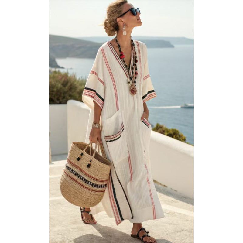Beach Vacation Long Striped Embroidered Dress